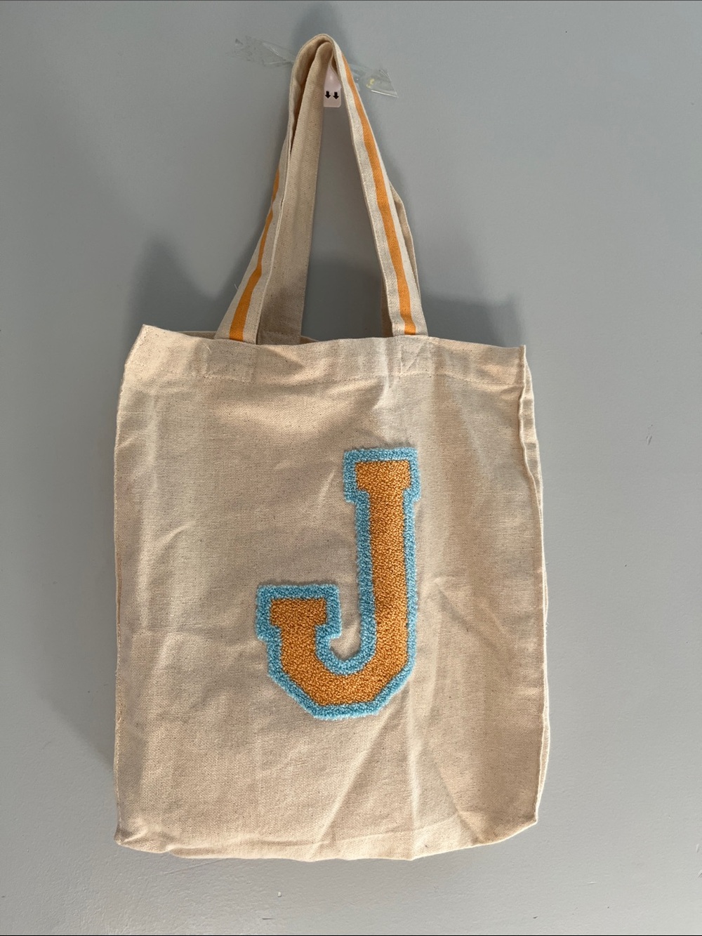 Primark Beige Canvas Tote with Mustard J and Blue Trim